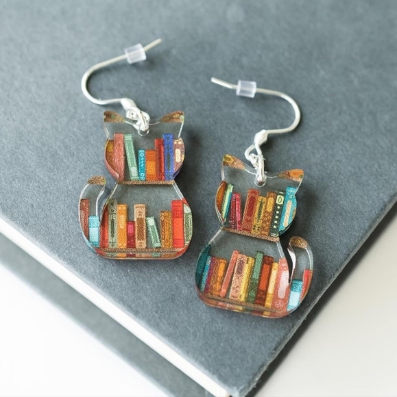 Women’s Jewelry unique Colorful Kitten Bookshelf Dangle Earrings - Picture 1 of 5